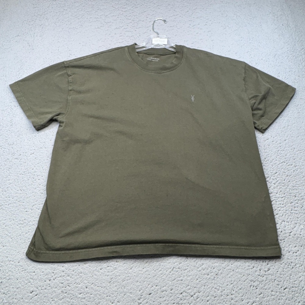 AllSaints Shirt Mens Large Green Embroidered Logo Cotton Crewneck T-Shirt Casual